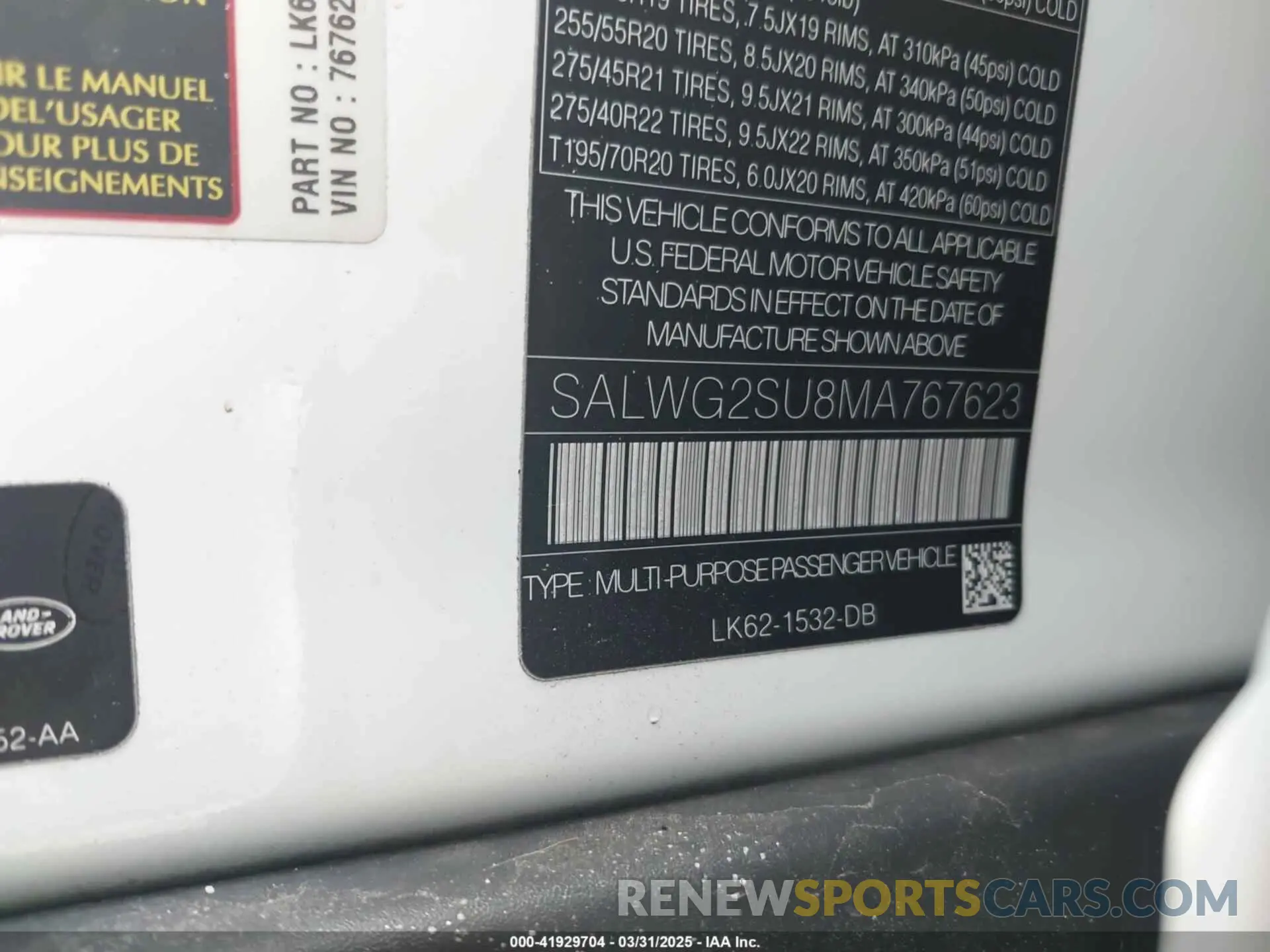 9 fotografías del automóvil dañado SALWG2SU8MA767623 LAND ROVER RANGE ROVER SPORT 2021