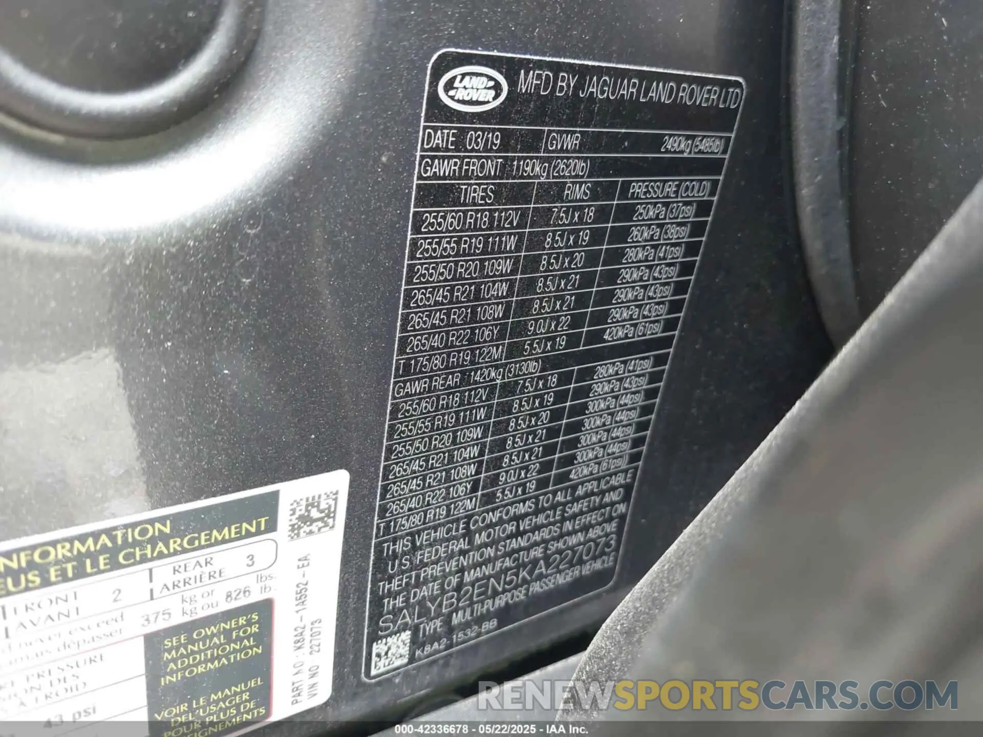9 fotografías del automóvil dañado SALYB2EN5KA227073 LAND ROVER RANGE ROVER VELAR 2019
