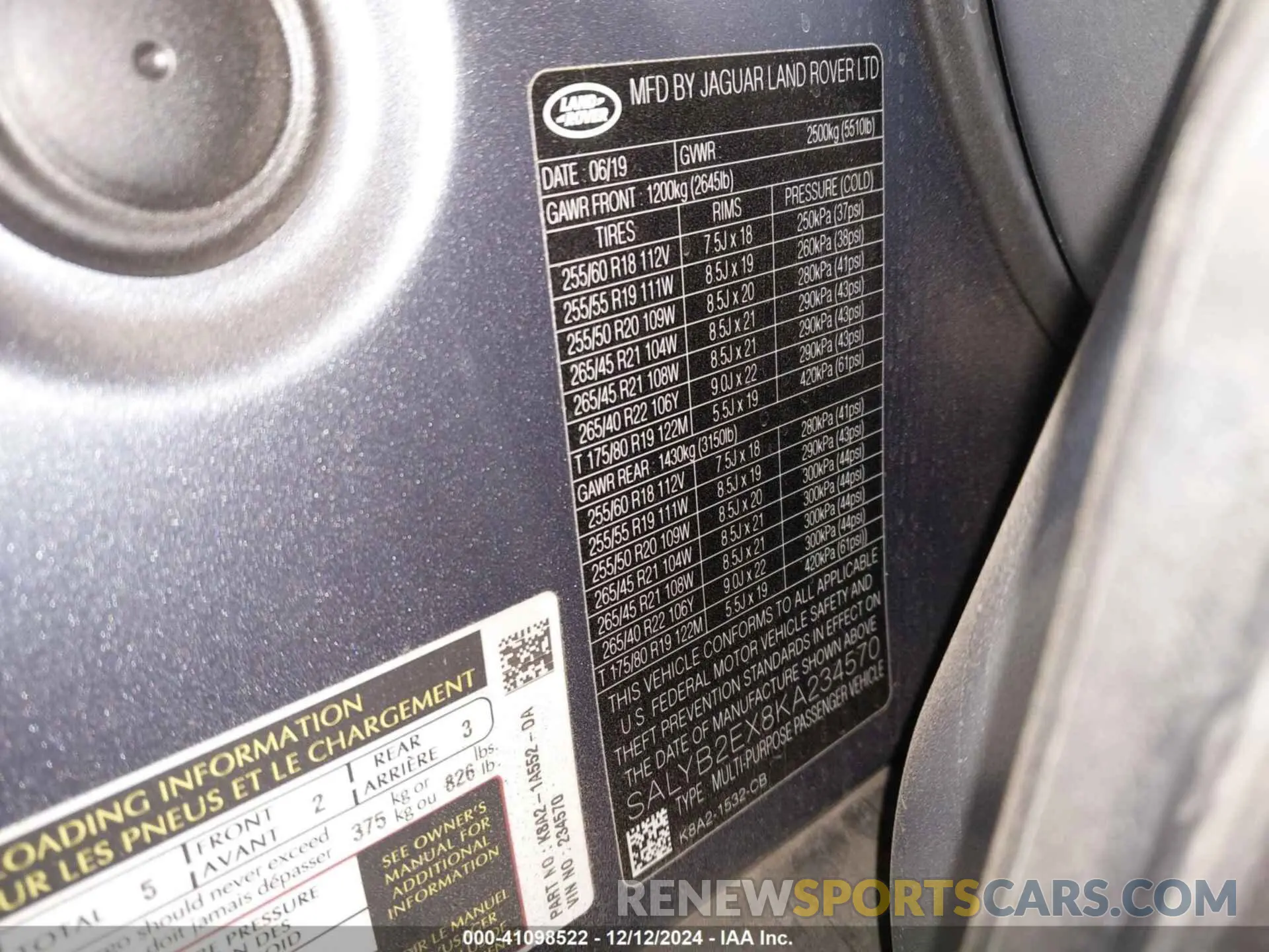 9 fotografías del automóvil dañado SALYB2EX8KA234570 LAND ROVER RANGE ROVER VELAR 2019