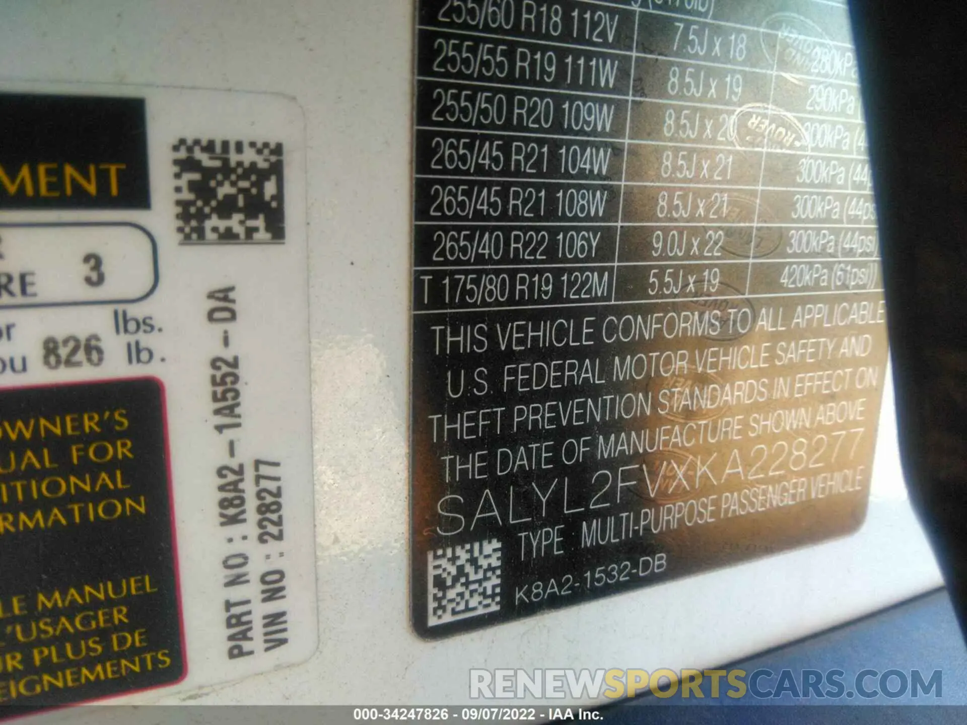 9 fotografías del automóvil dañado SALYL2FVXKA228277 LAND ROVER RANGE ROVER VELAR 2019
