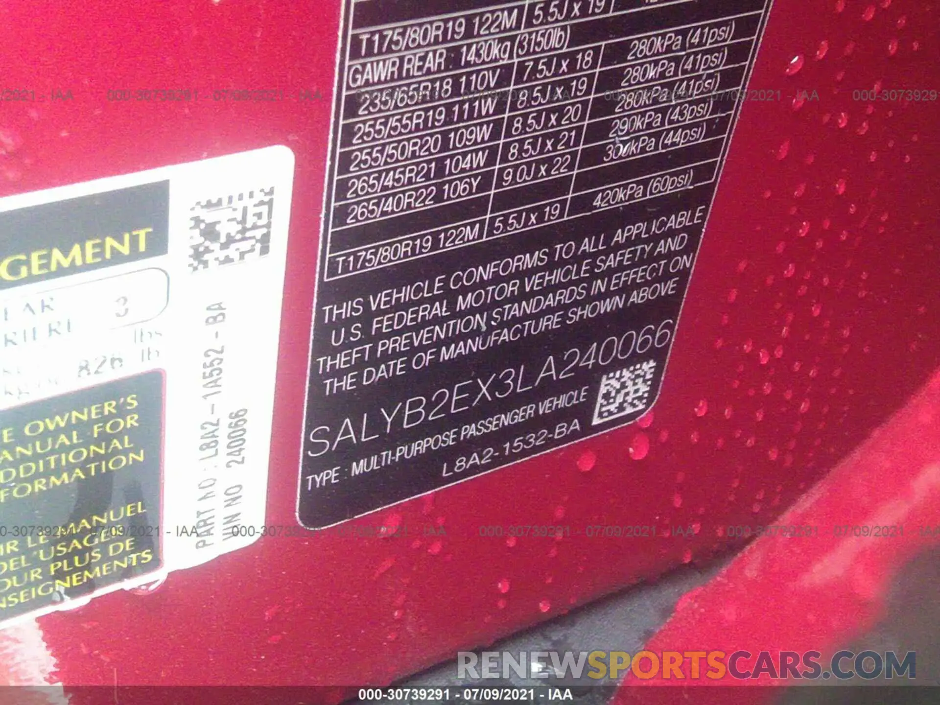9 fotografías del automóvil dañado SALYB2EX3LA240066 LAND ROVER RANGE ROVER VELAR 2020