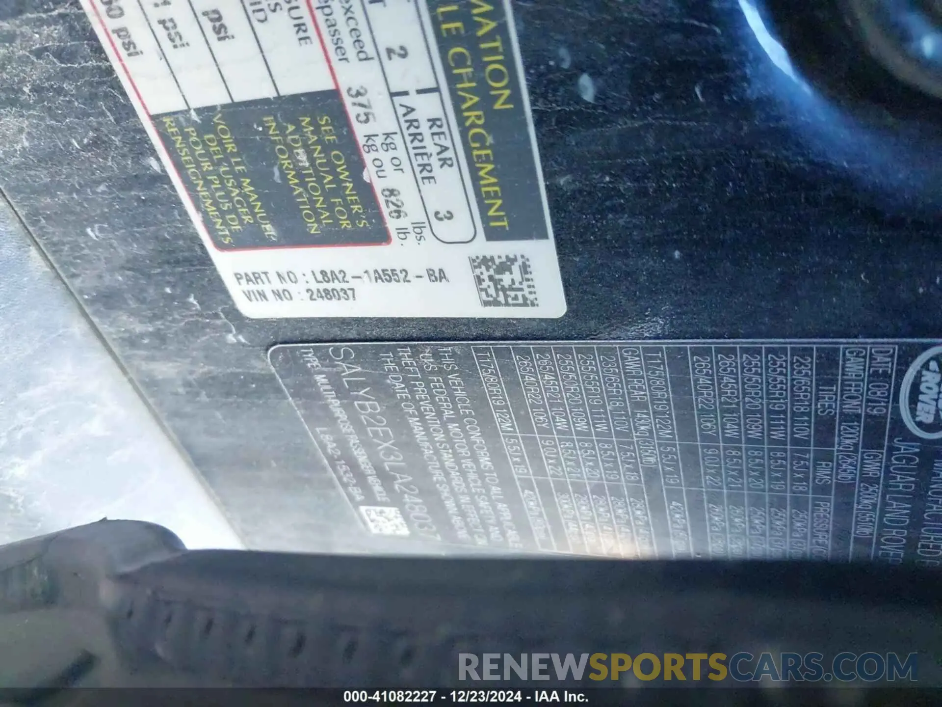 9 fotografías del automóvil dañado SALYB2EX3LA248037 LAND ROVER RANGE ROVER VELAR 2020