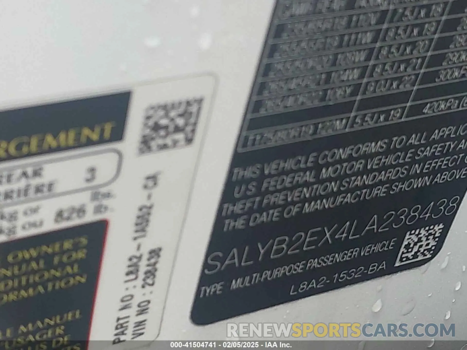 9 fotografías del automóvil dañado SALYB2EX4LA238438 LAND ROVER RANGE ROVER VELAR 2020