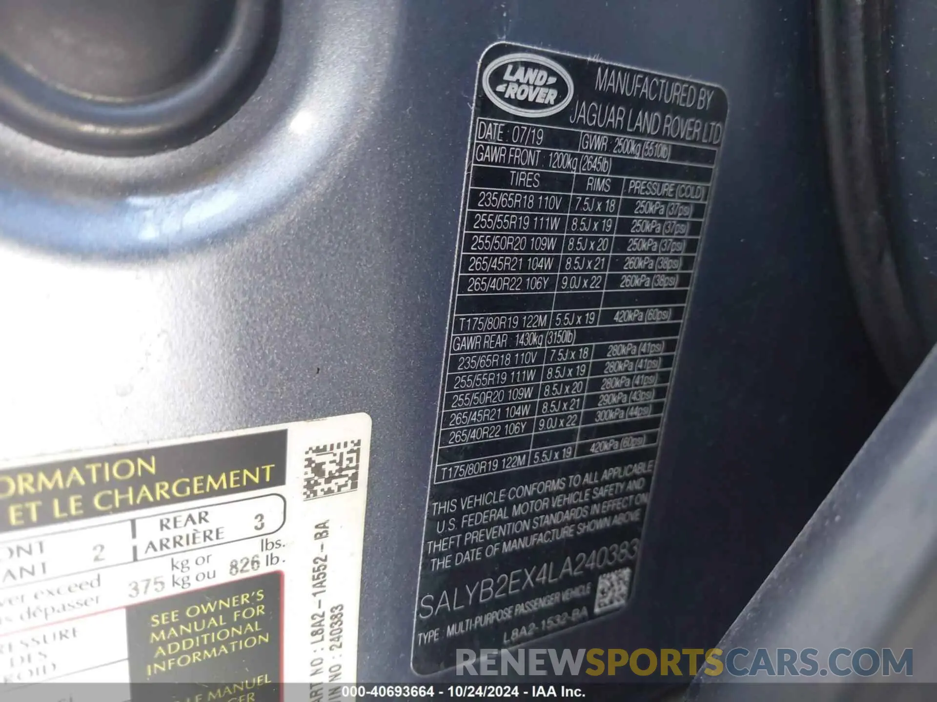 9 fotografías del automóvil dañado SALYB2EX4LA240383 LAND ROVER RANGE ROVER VELAR 2020