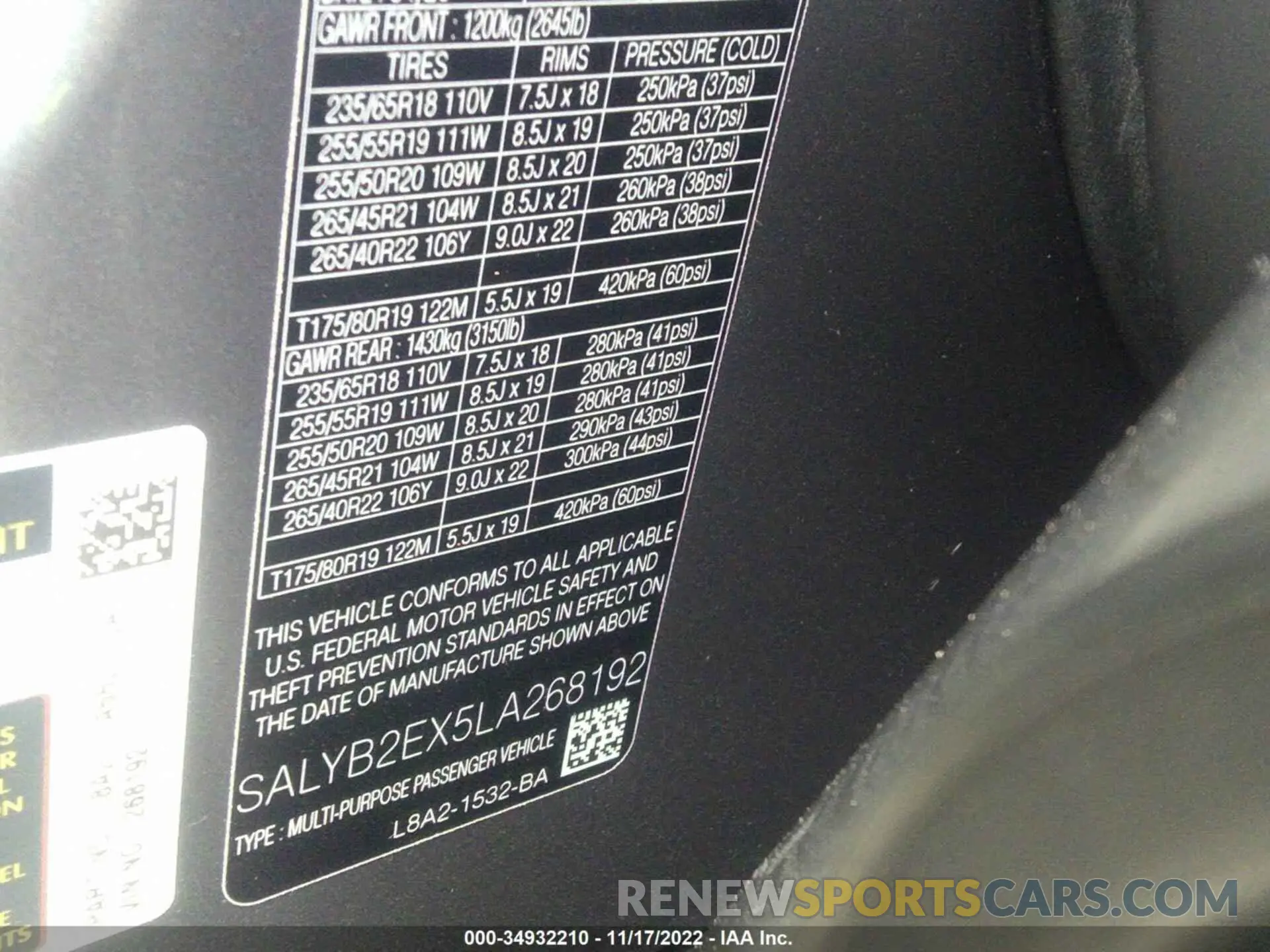9 fotografías del automóvil dañado SALYB2EX5LA268192 LAND ROVER RANGE ROVER VELAR 2020