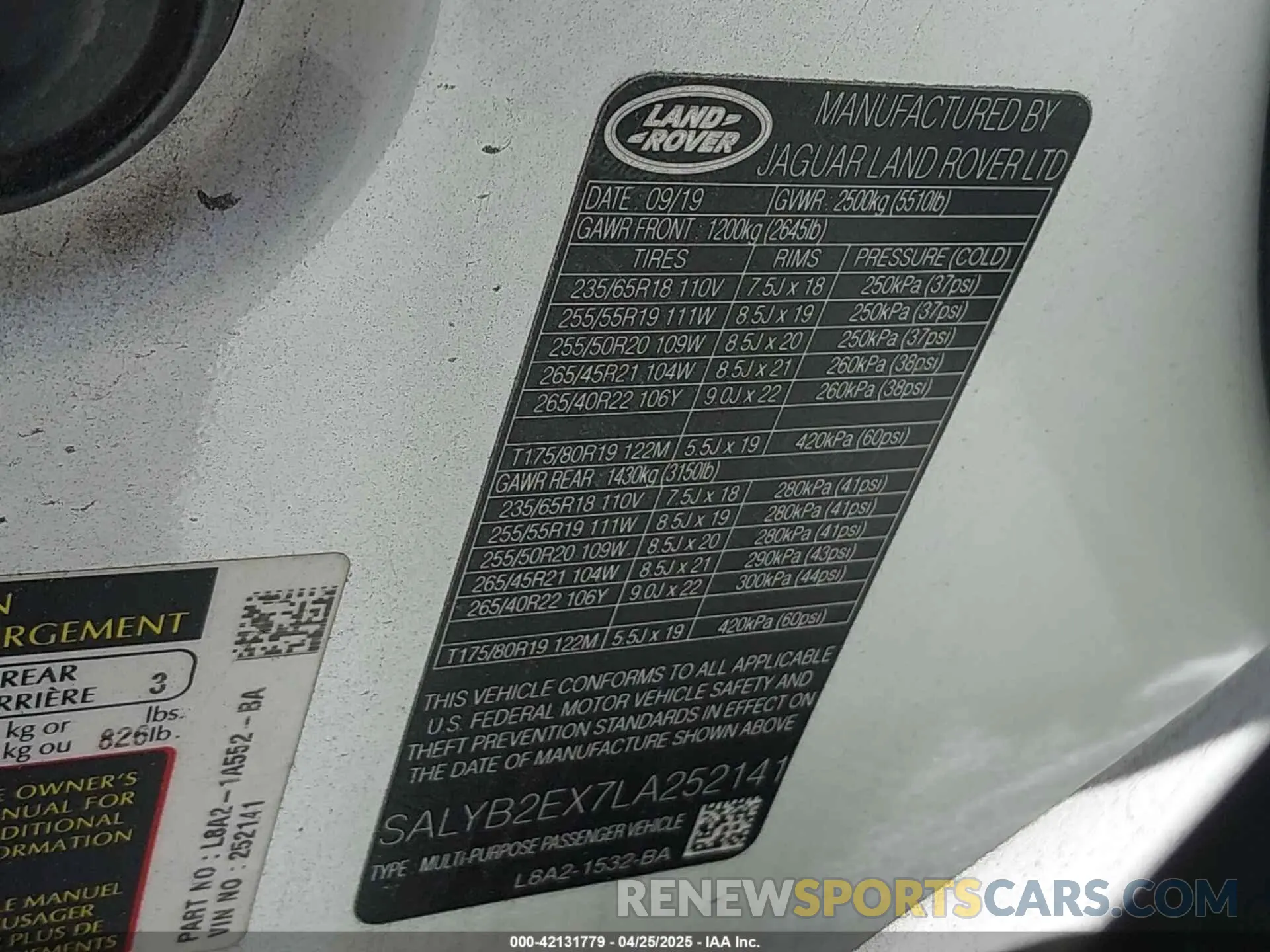 9 fotografías del automóvil dañado SALYB2EX7LA252141 LAND ROVER RANGE ROVER VELAR 2020