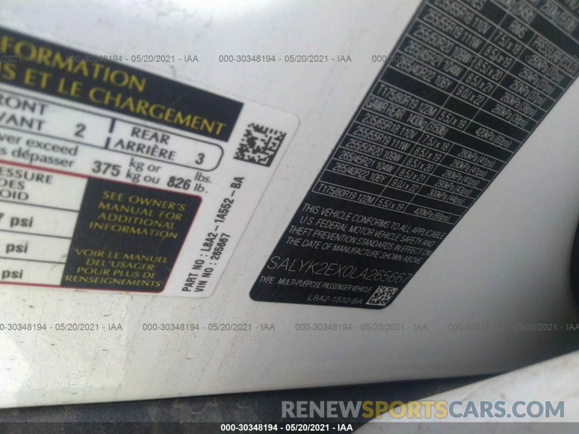 9 fotografías del automóvil dañado SALYK2EX0LA265667 LAND ROVER RANGE ROVER VELAR 2020