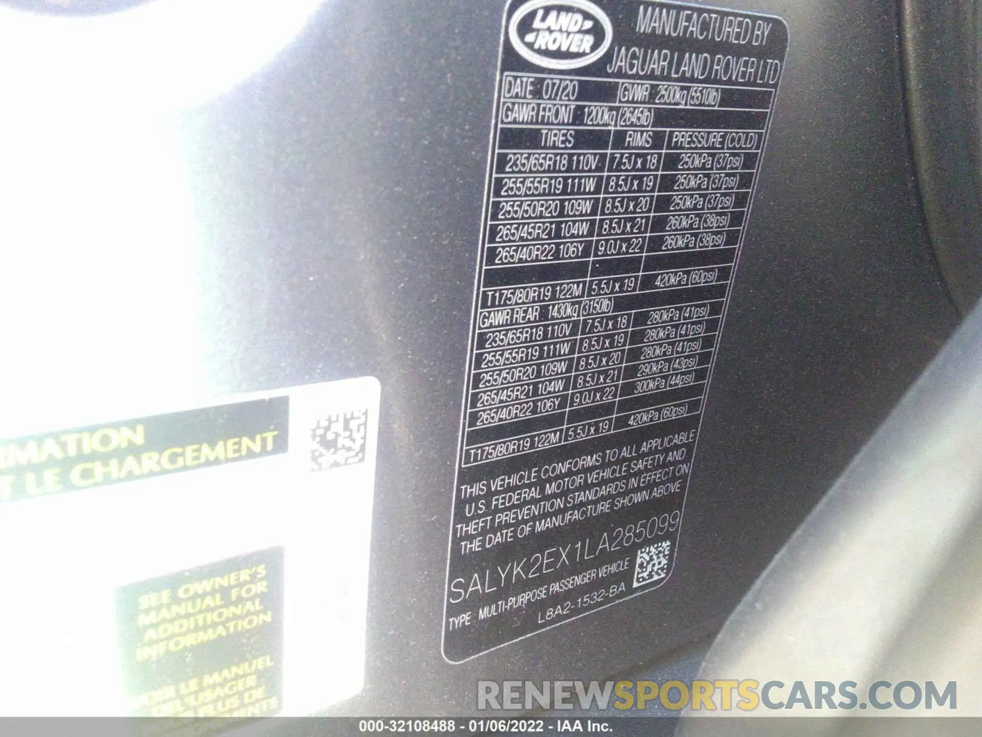 9 fotografías del automóvil dañado SALYK2EX1LA285099 LAND ROVER RANGE ROVER VELAR 2020