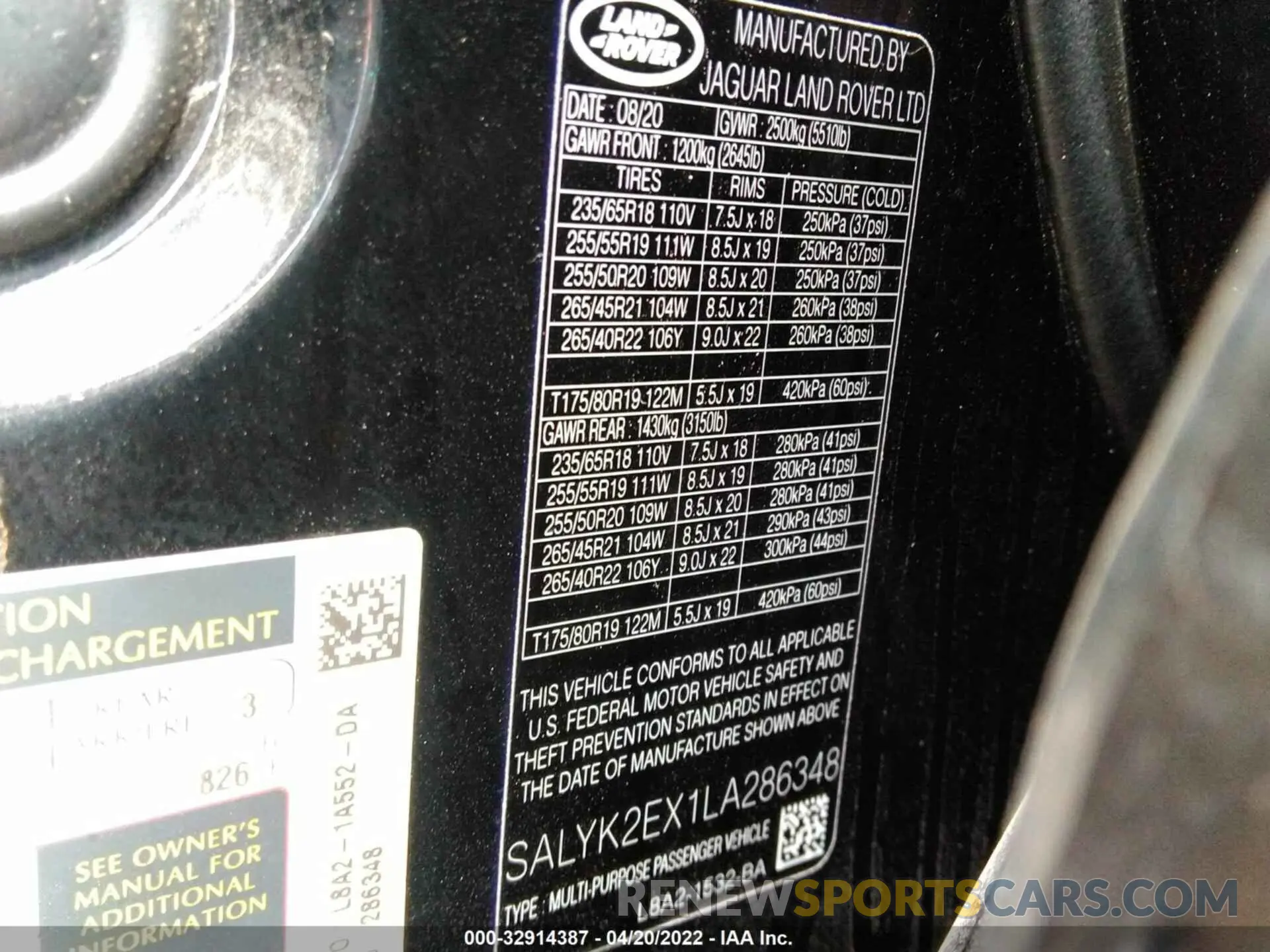 9 fotografías del automóvil dañado SALYK2EX1LA286348 LAND ROVER RANGE ROVER VELAR 2020