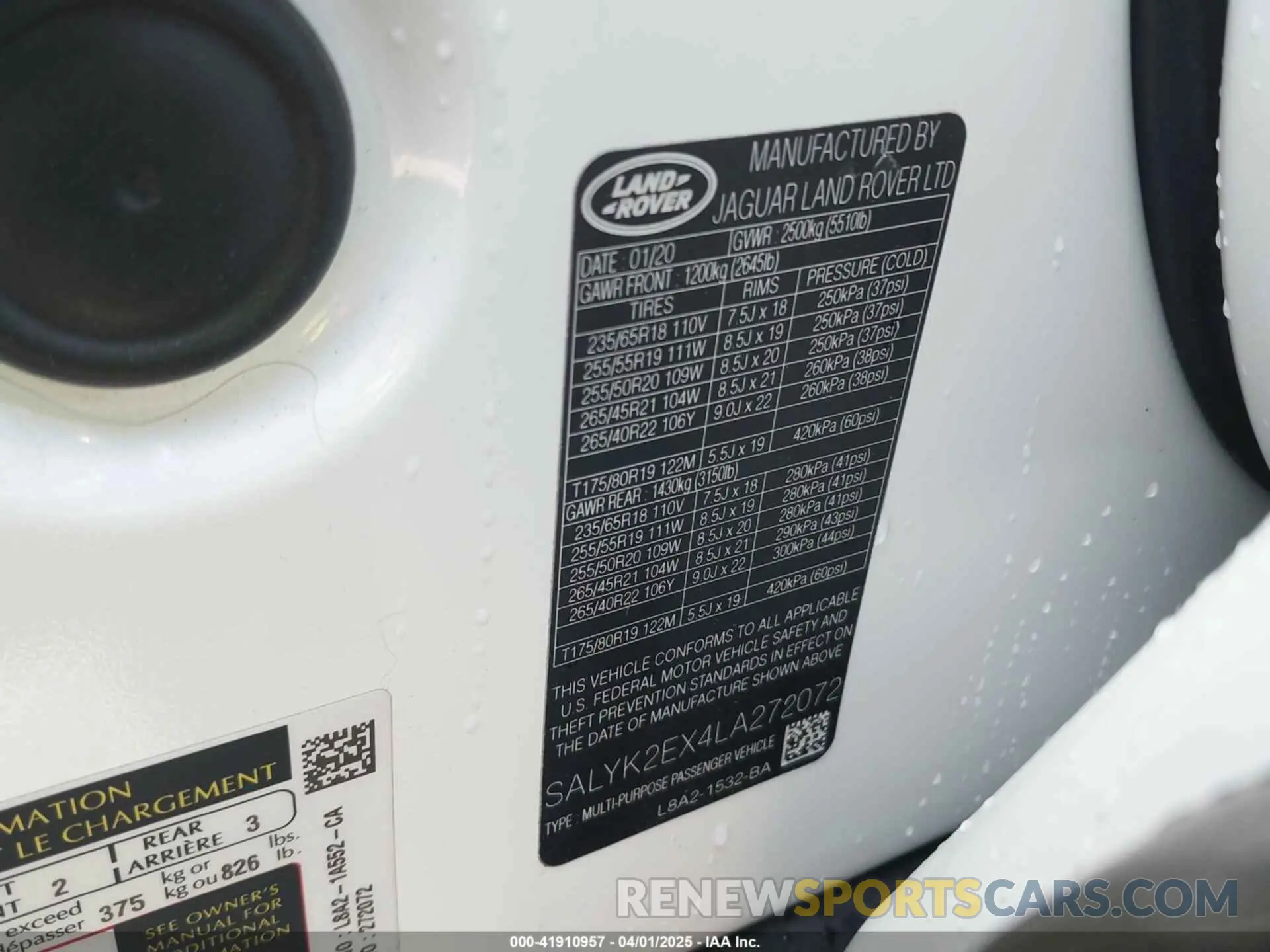 11 fotografías del automóvil dañado SALYK2EX4LA272072 LAND ROVER RANGE ROVER VELAR 2020