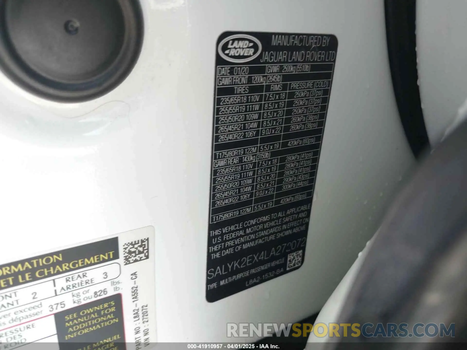 9 fotografías del automóvil dañado SALYK2EX4LA272072 LAND ROVER RANGE ROVER VELAR 2020