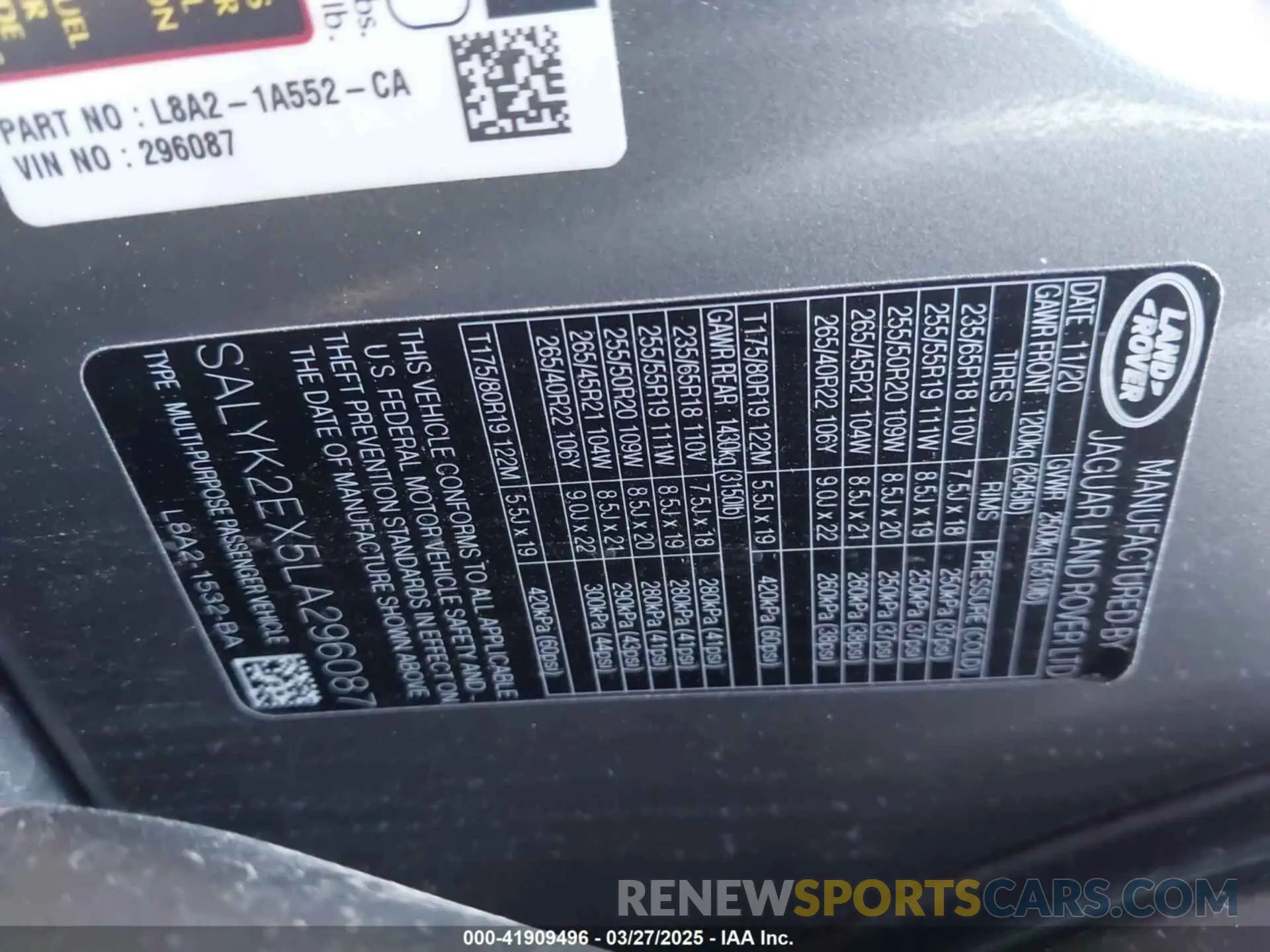 9 fotografías del automóvil dañado SALYK2EX5LA296087 LAND ROVER RANGE ROVER VELAR 2020