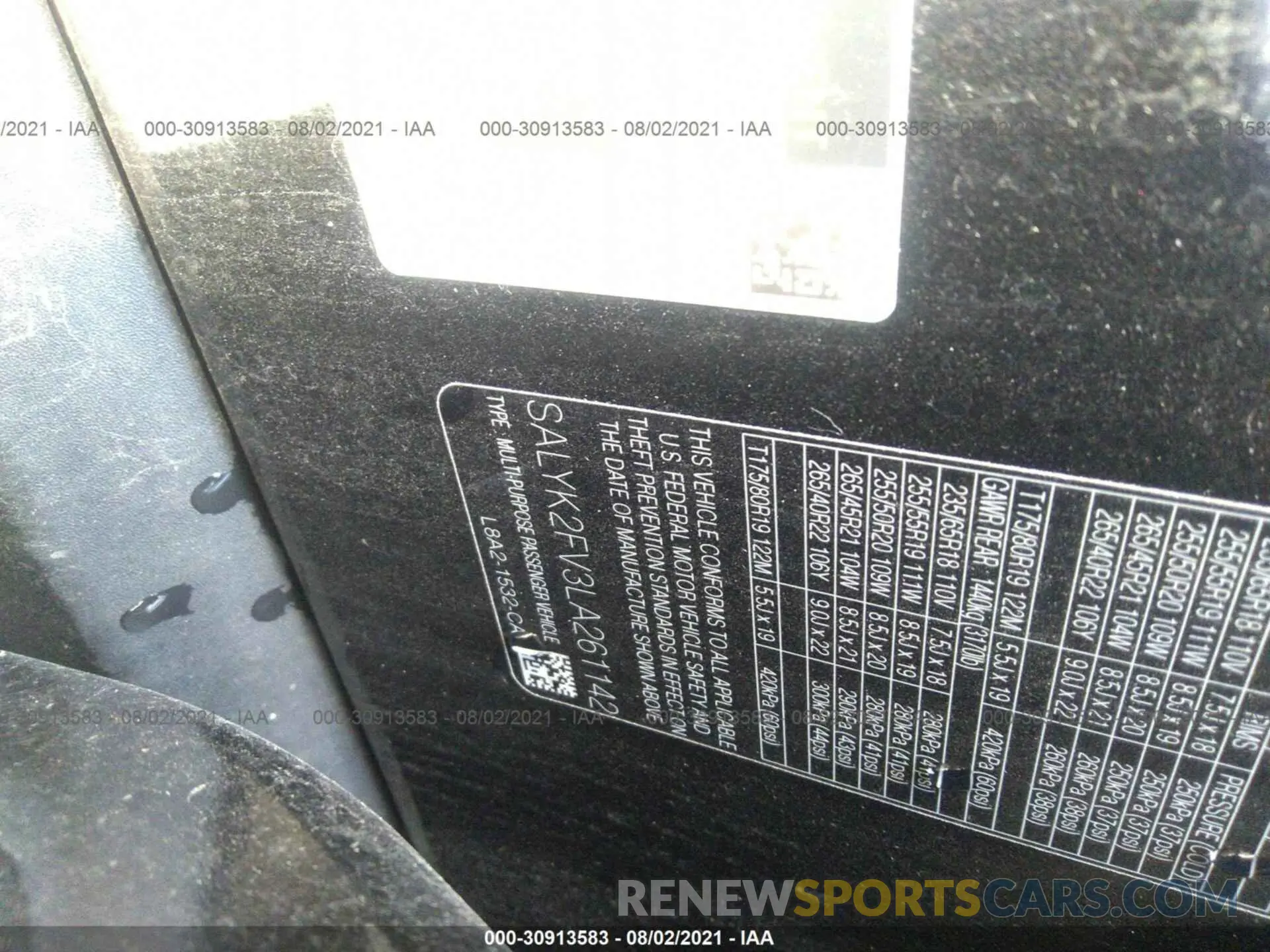 9 fotografías del automóvil dañado SALYK2FV3LA261142 LAND ROVER RANGE ROVER VELAR 2020