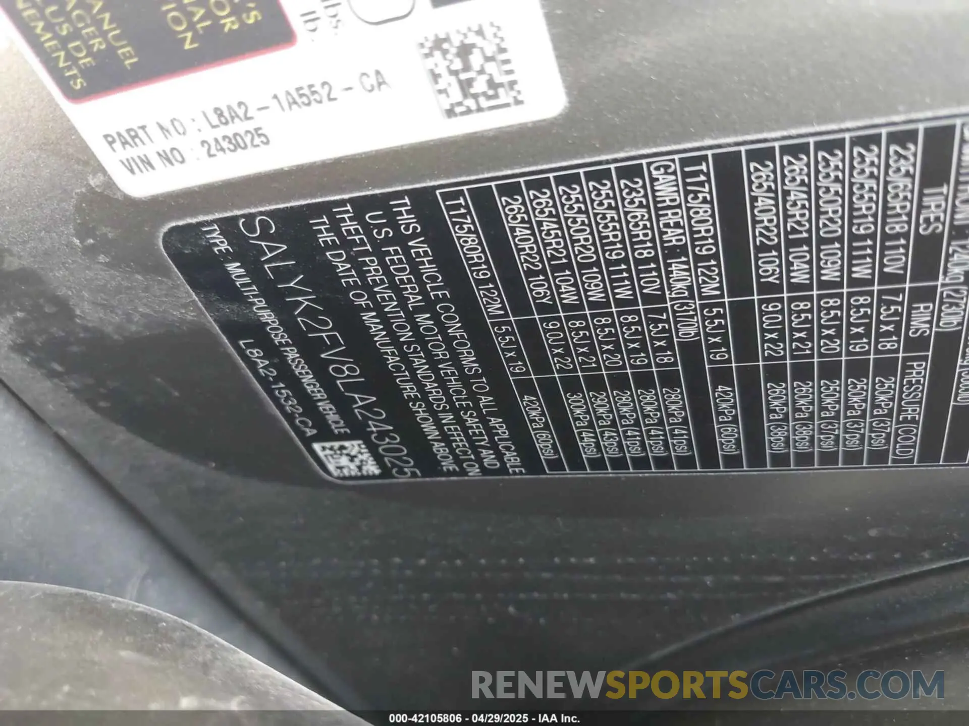 9 fotografías del automóvil dañado SALYK2FV8LA243025 LAND ROVER RANGE ROVER VELAR 2020