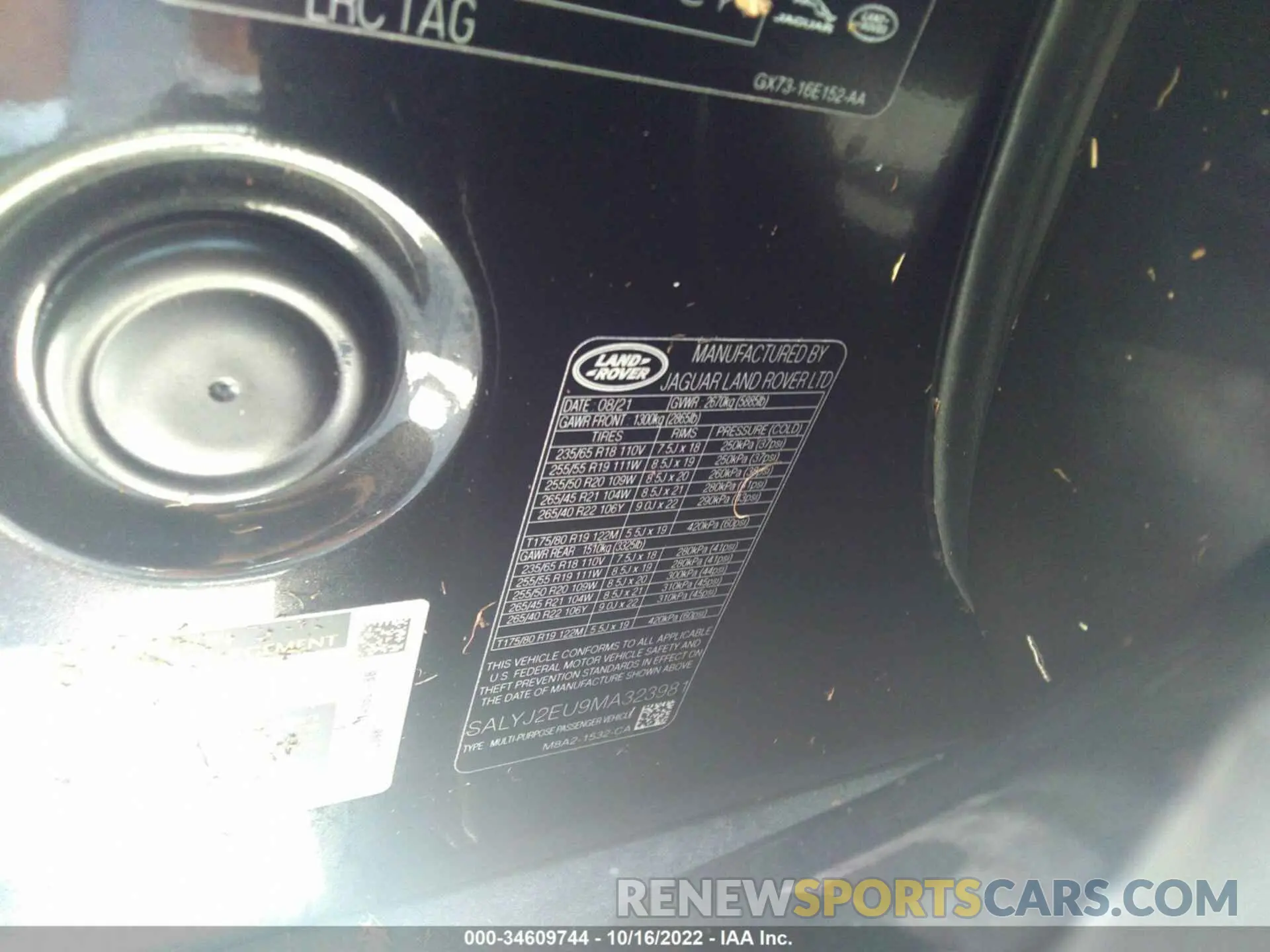 9 fotografías del automóvil dañado SALYJ2EU9MA323981 LAND ROVER RANGE ROVER VELAR 2021