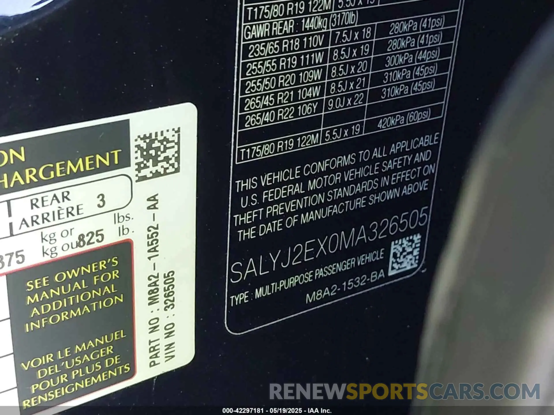 9 fotografías del automóvil dañado SALYJ2EX0MA326505 LAND ROVER RANGE ROVER VELAR 2021