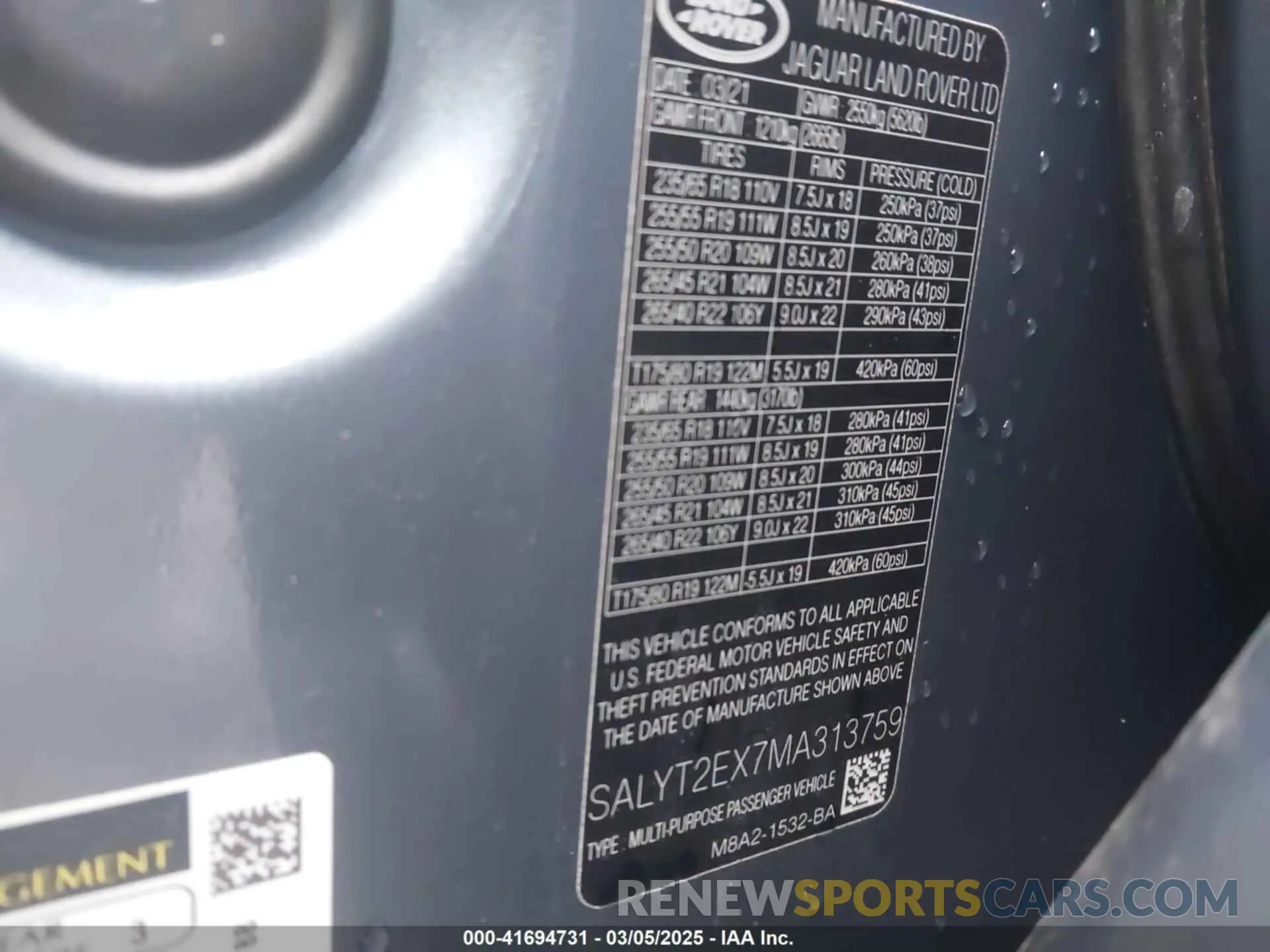 9 fotografías del automóvil dañado SALYT2EX7MA313759 LAND ROVER RANGE ROVER VELAR 2021