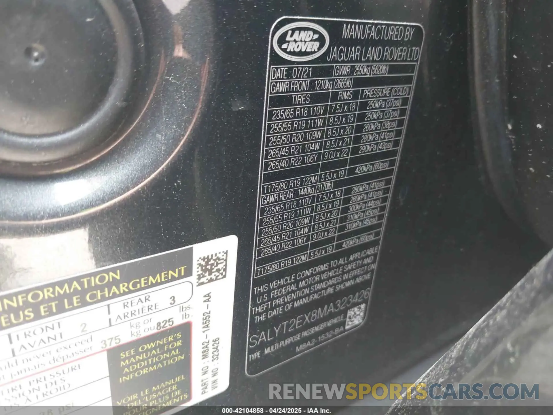 9 fotografías del automóvil dañado SALYT2EX8MA323426 LAND ROVER RANGE ROVER VELAR 2021