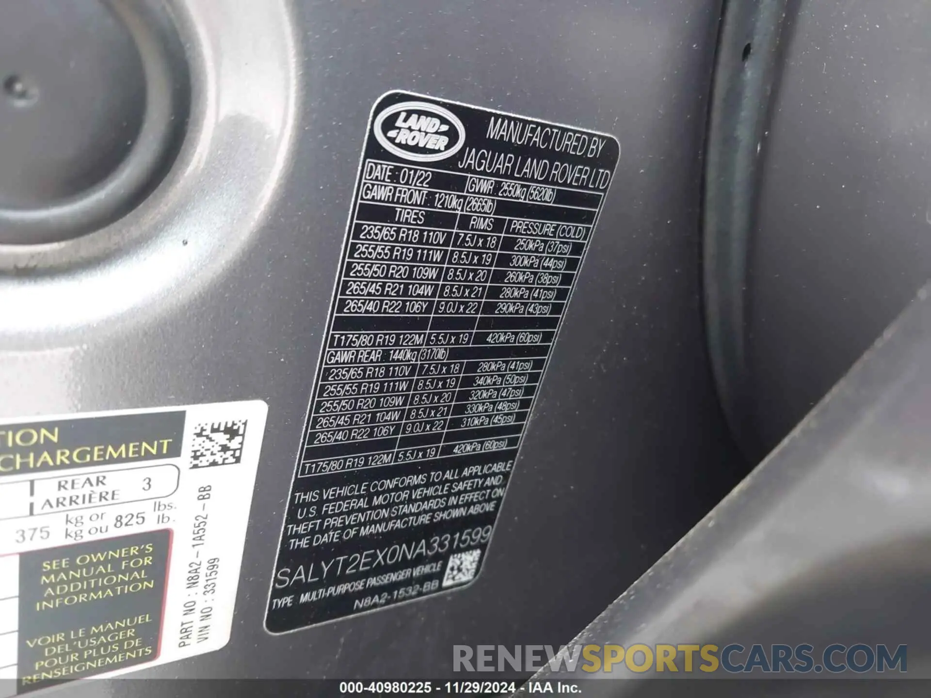 9 fotografías del automóvil dañado SALYT2EX0NA331599 LAND ROVER RANGE ROVER VELAR 2022