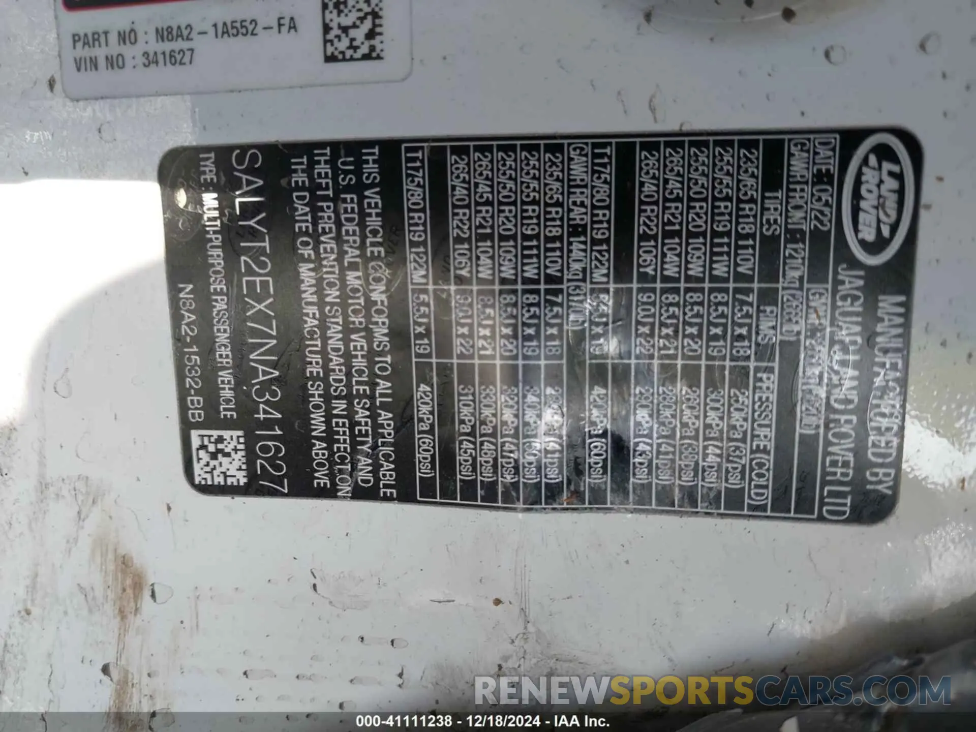 9 fotografías del automóvil dañado SALYT2EX7NA341627 LAND ROVER RANGE ROVER VELAR 2022