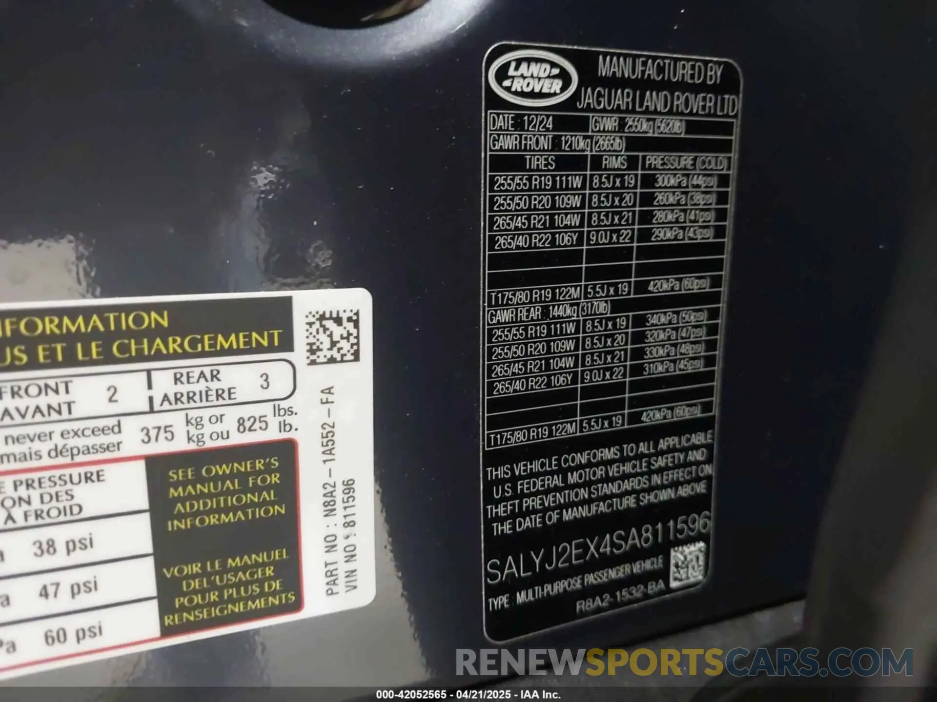 9 fotografías del automóvil dañado SALYJ2EX4SA811596 LAND ROVER RANGE ROVER VELAR 2025