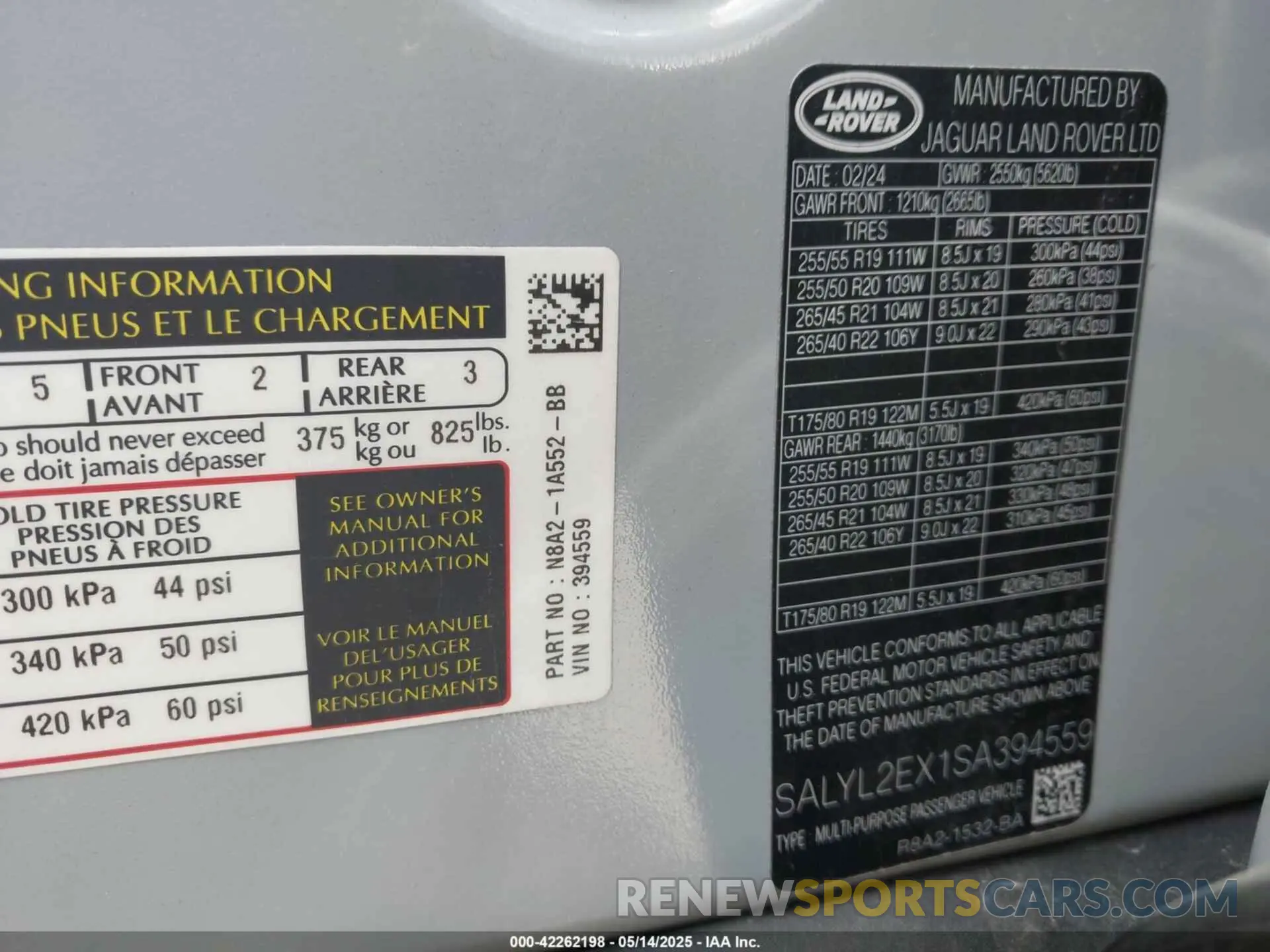 9 fotografías del automóvil dañado SALYL2EX1SA394559 LAND ROVER RANGE ROVER VELAR 2025
