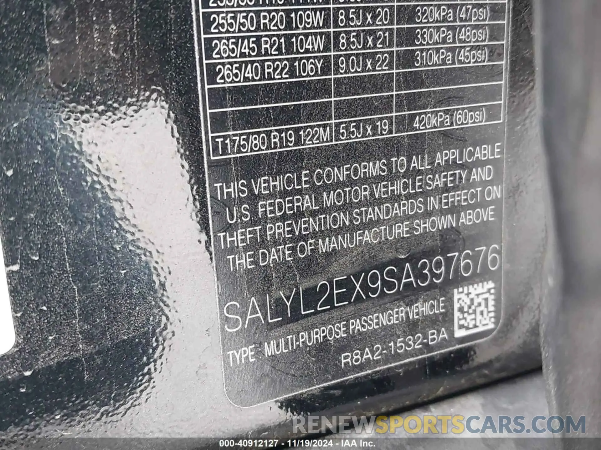 9 fotografías del automóvil dañado SALYL2EX9SA397676 LAND ROVER RANGE ROVER VELAR 2025
