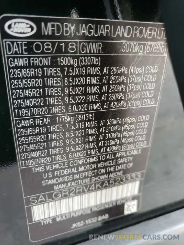 10 fotografías del automóvil dañado SALGR2RV4KA523333 LAND ROVER RANGEROVER 2019