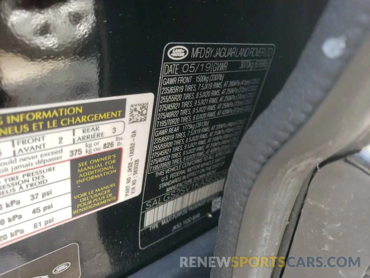 10 fotografías del automóvil dañado SALGS2SV1KA563528 LAND ROVER RANGEROVER 2019