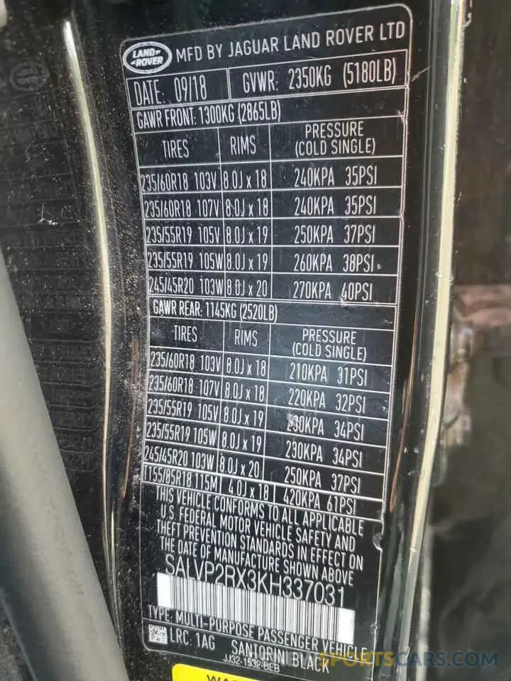 13 fotografías del automóvil dañado SALVP2RX3KH337031 LAND ROVER RANGEROVER 2019