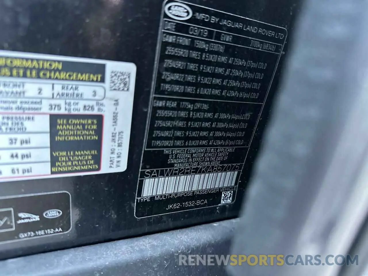 10 fotografías del automóvil dañado SALWR2RE7KA857075 LAND ROVER RANGEROVER 2019