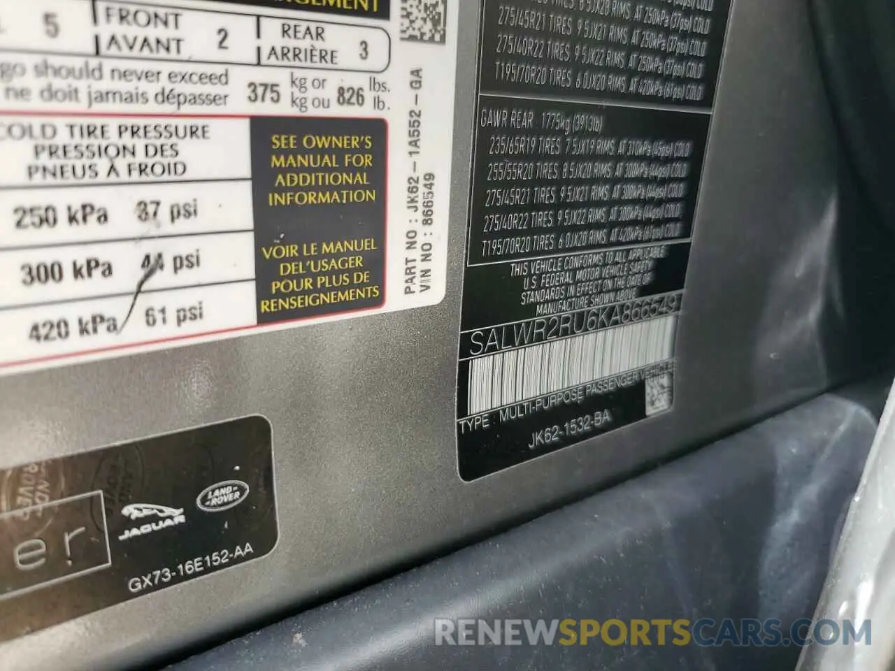 10 fotografías del automóvil dañado SALWR2RU6KA866549 LAND ROVER RANGEROVER 2019