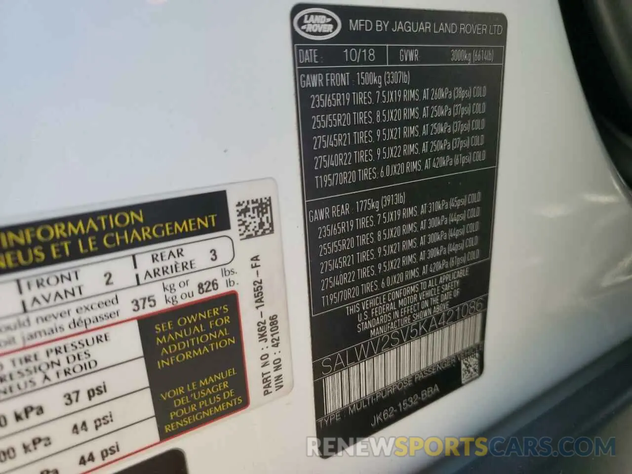 14 fotografías del automóvil dañado SALWV2SV5KA421086 LAND ROVER RANGEROVER 2019