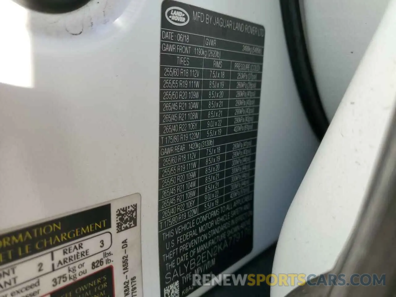 14 fotografías del automóvil dañado SALYB2EN2KA779176 LAND ROVER RANGEROVER 2019