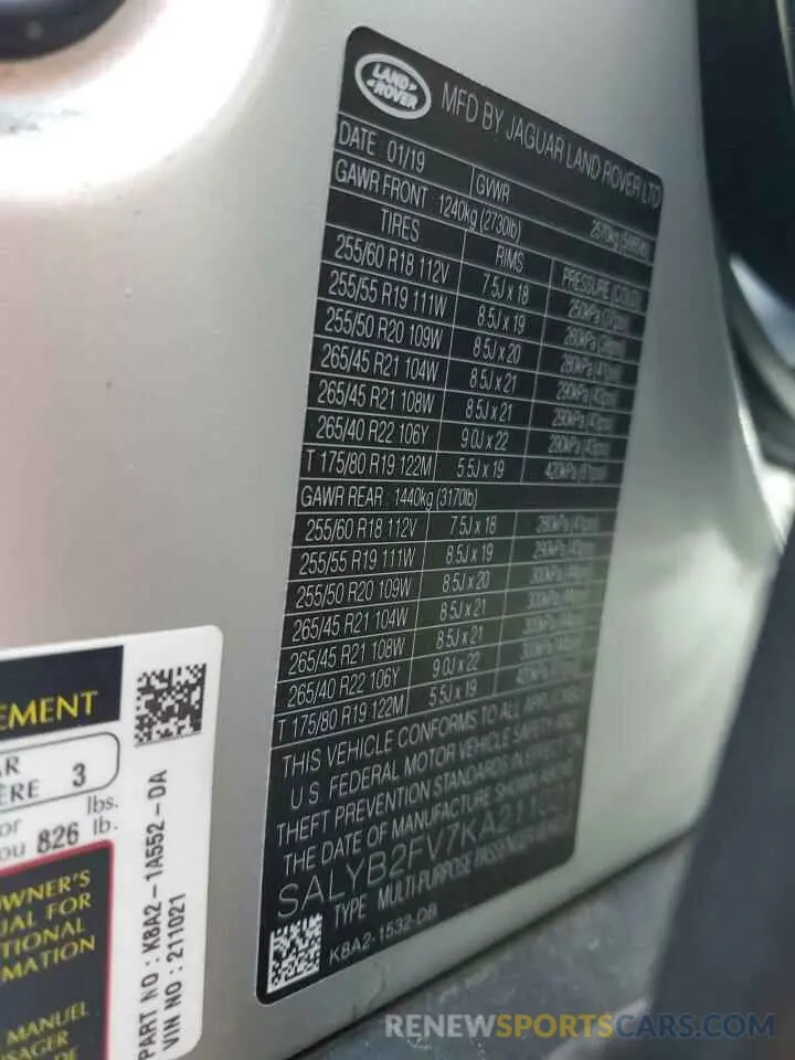 10 fotografías del automóvil dañado SALYB2FV7KA211021 LAND ROVER RANGEROVER 2019