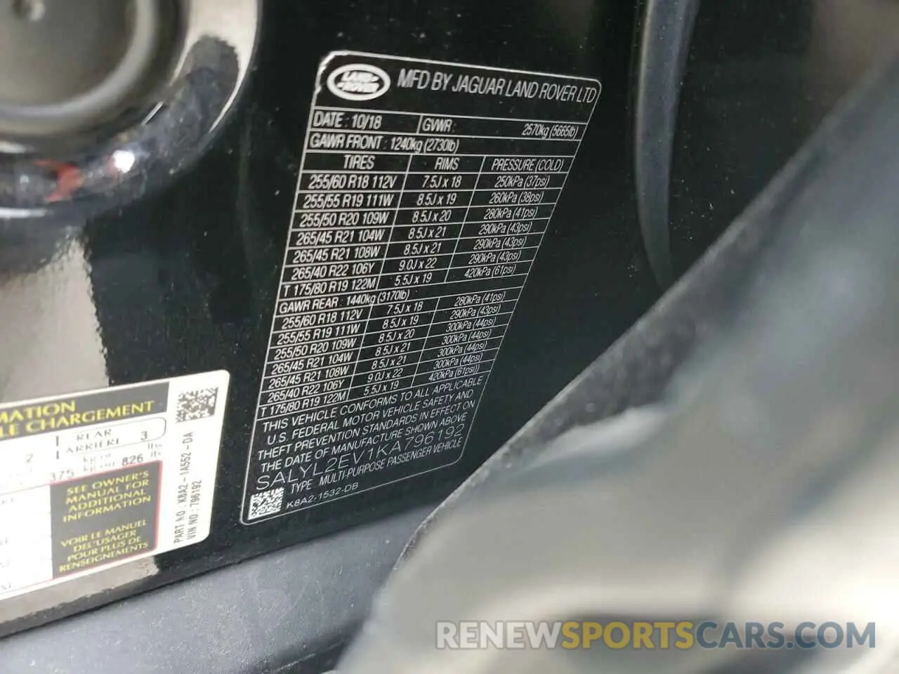 12 fotografías del automóvil dañado SALYL2EV1KA796192 LAND ROVER RANGEROVER 2019