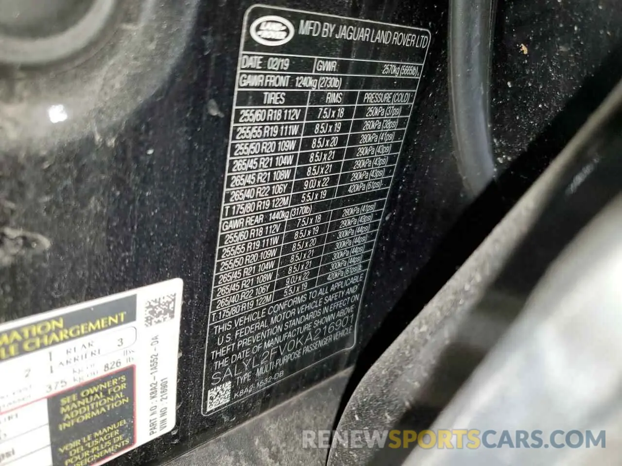 14 fotografías del automóvil dañado SALYL2FV0KA216901 LAND ROVER RANGEROVER 2019