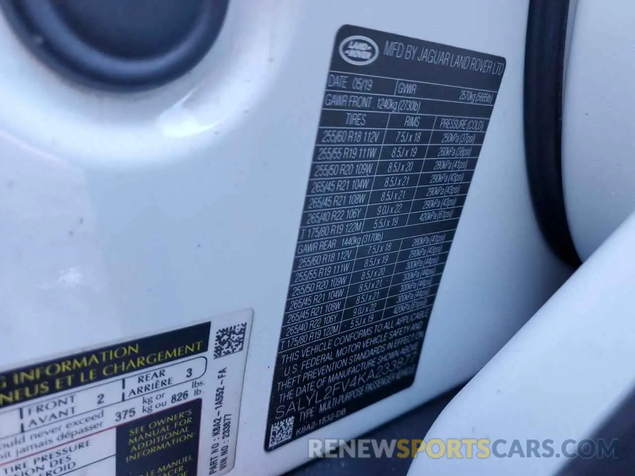 13 fotografías del automóvil dañado SALYL2FV4KA233877 LAND ROVER RANGEROVER 2019