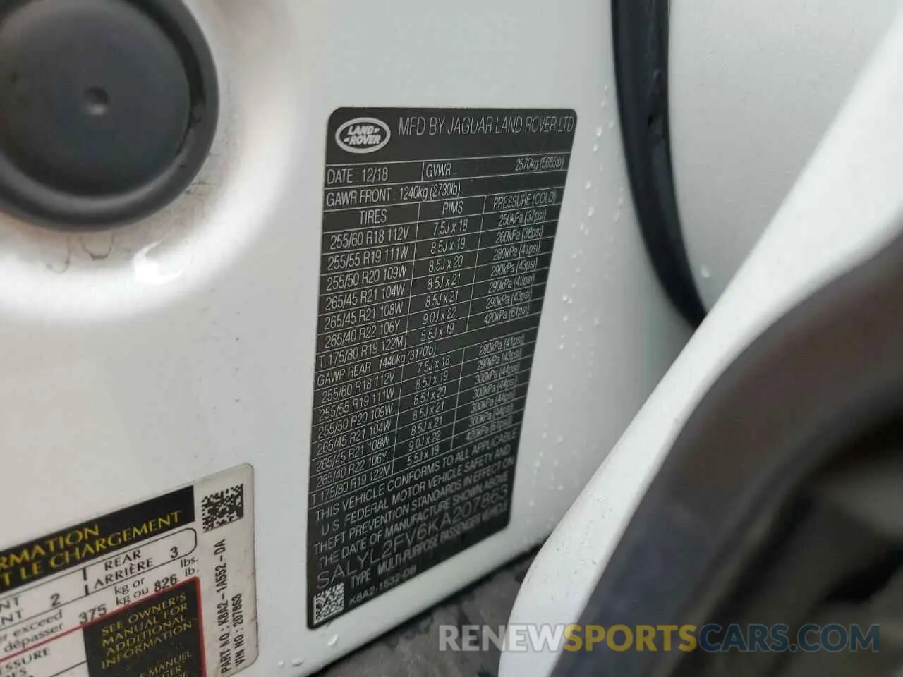 12 fotografías del automóvil dañado SALYL2FV6KA207863 LAND ROVER RANGEROVER 2019