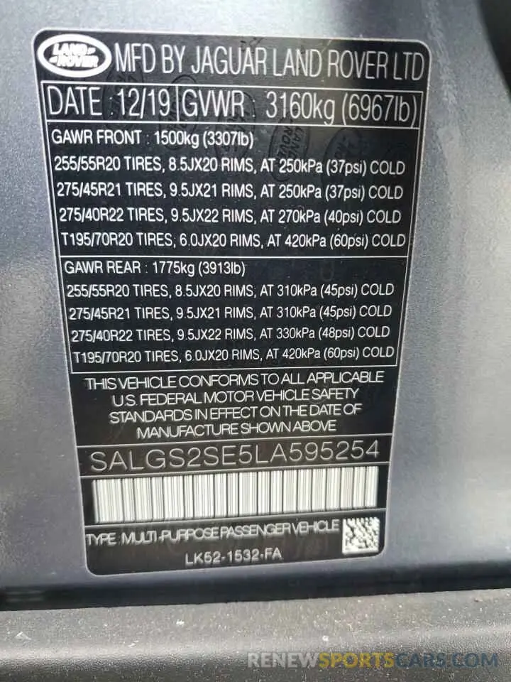 14 fotografías del automóvil dañado SALGS2SE5LA595254 LAND ROVER RANGEROVER 2020