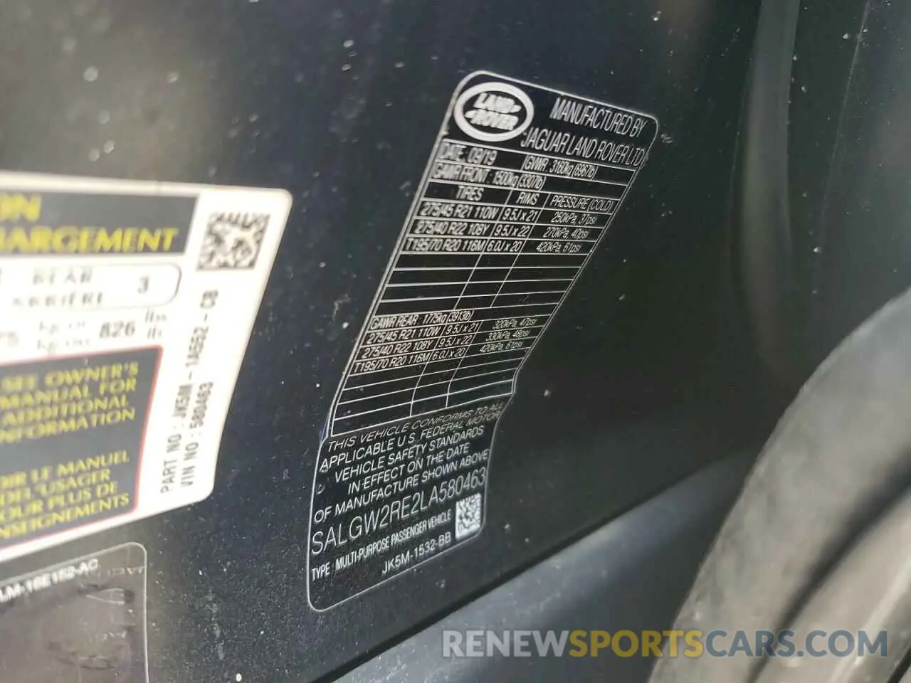 13 fotografías del automóvil dañado SALGW2RE2LA580463 LAND ROVER RANGEROVER 2020