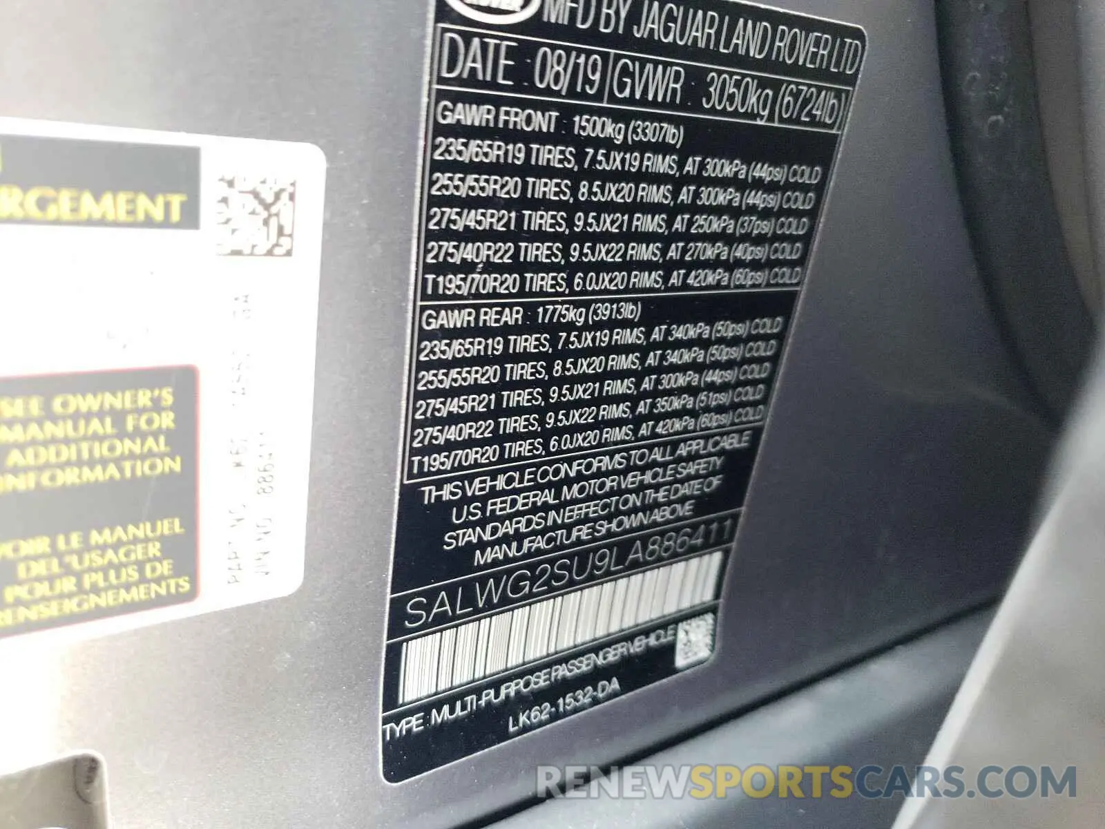 10 fotografías del automóvil dañado SALWG2SU9LA886411 LAND ROVER RANGEROVER 2020