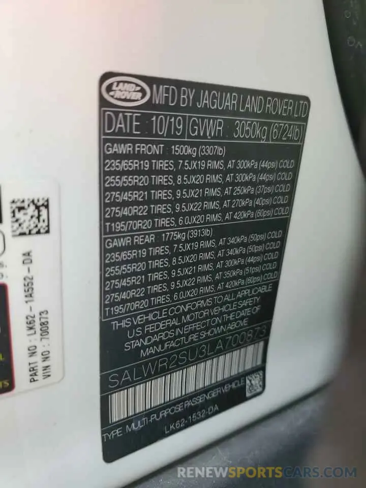 13 fotografías del automóvil dañado SALWR2SU3LA700873 LAND ROVER RANGEROVER 2020