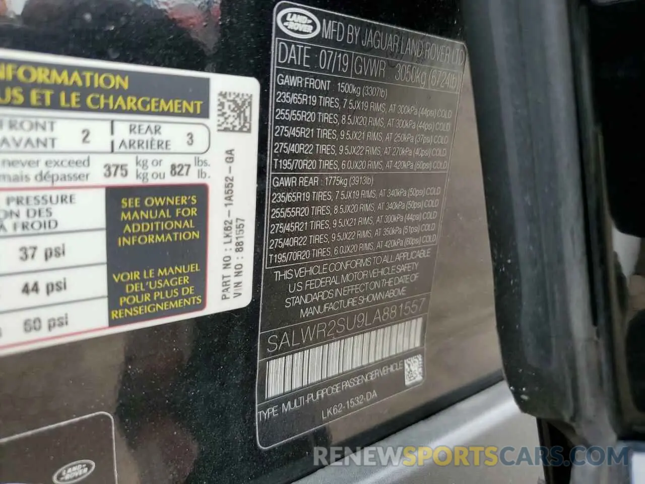 14 fotografías del automóvil dañado SALWR2SU9LA881557 LAND ROVER RANGEROVER 2020