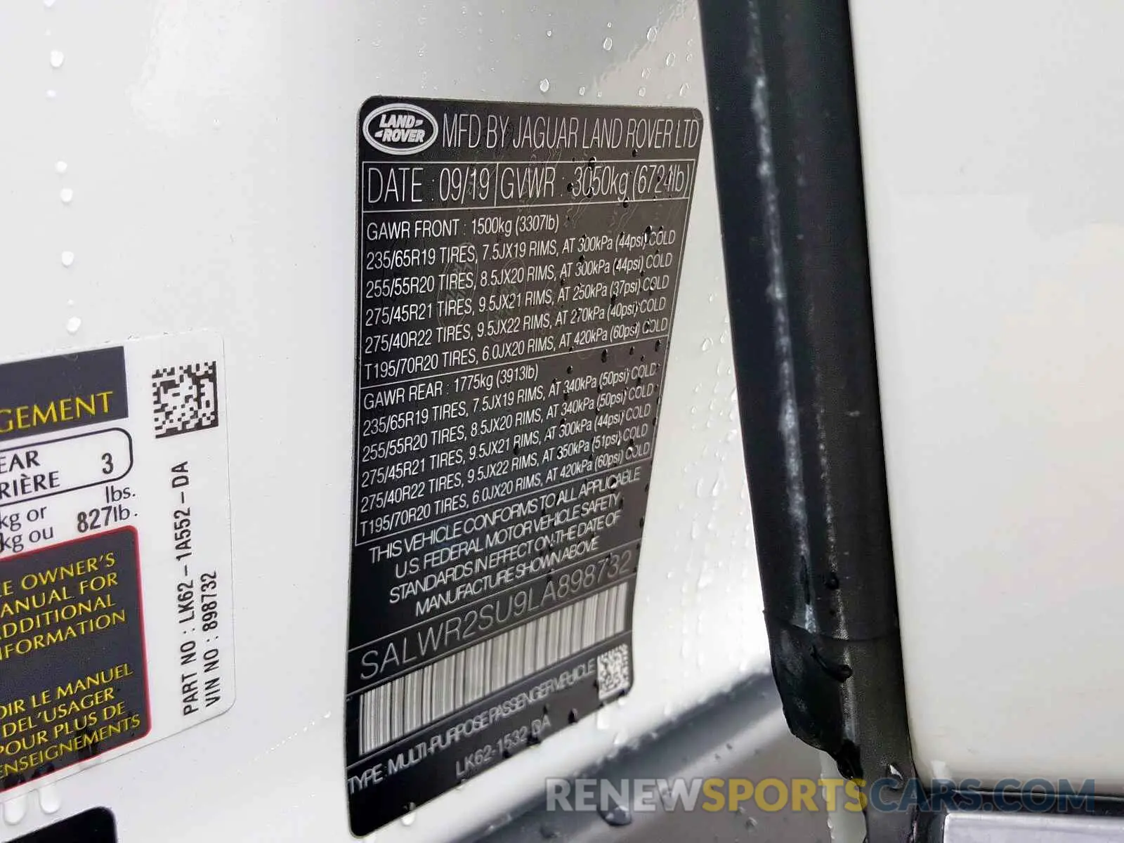 10 fotografías del automóvil dañado SALWR2SU9LA898732 LAND ROVER RANGEROVER 2020