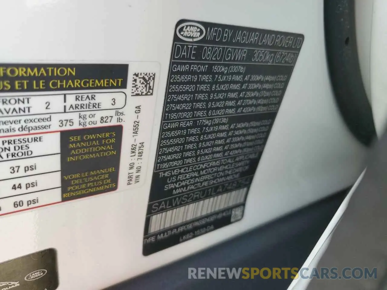 14 fotografías del automóvil dañado SALWS2RU1LA748754 LAND ROVER RANGEROVER 2020