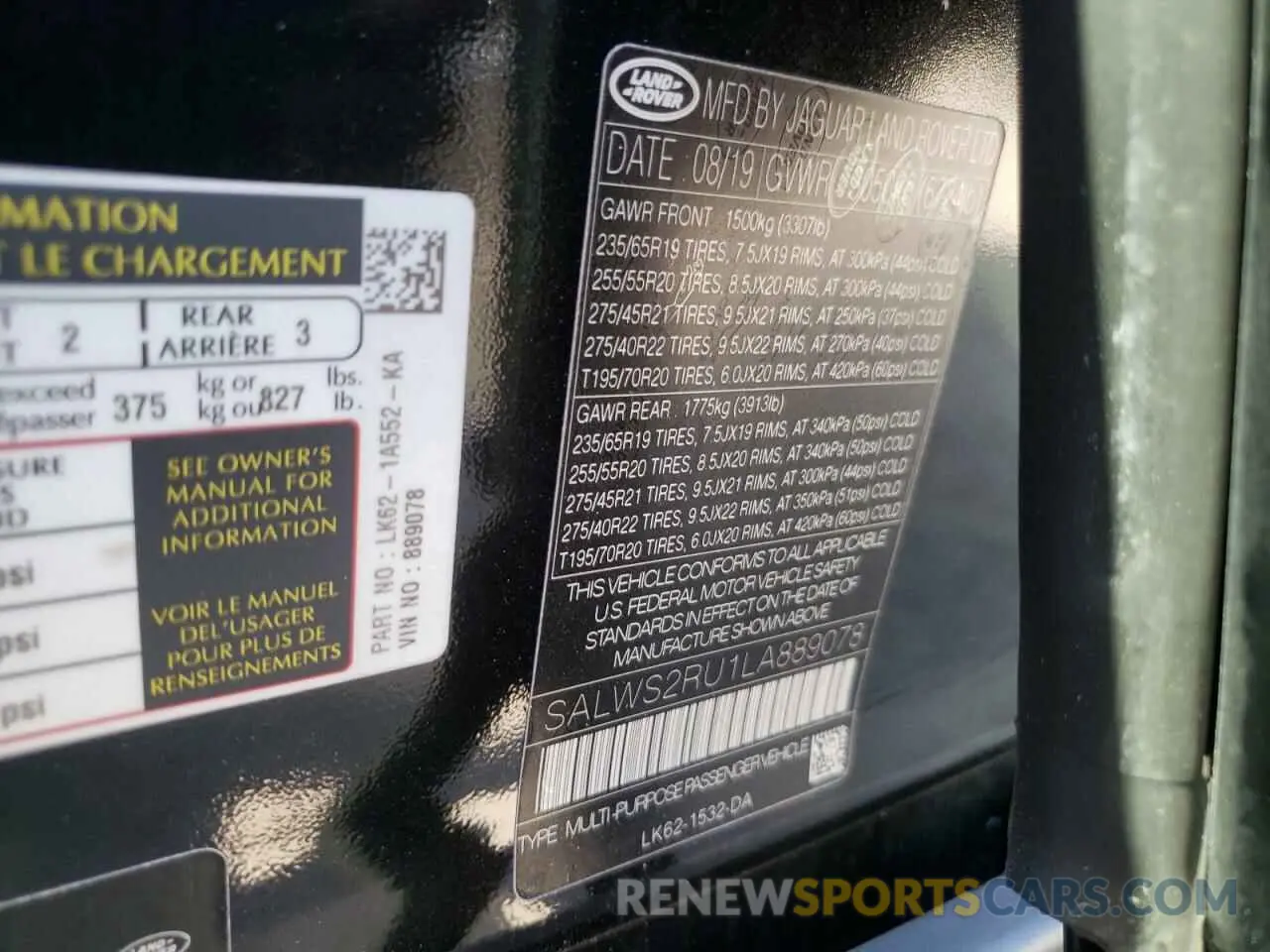 10 fotografías del automóvil dañado SALWS2RU1LA889078 LAND ROVER RANGEROVER 2020