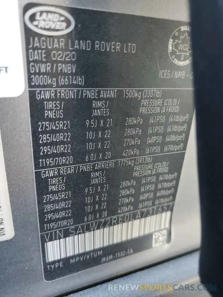 13 fotografías del automóvil dañado SALWZ2RE0LA731657 LAND ROVER RANGEROVER 2020