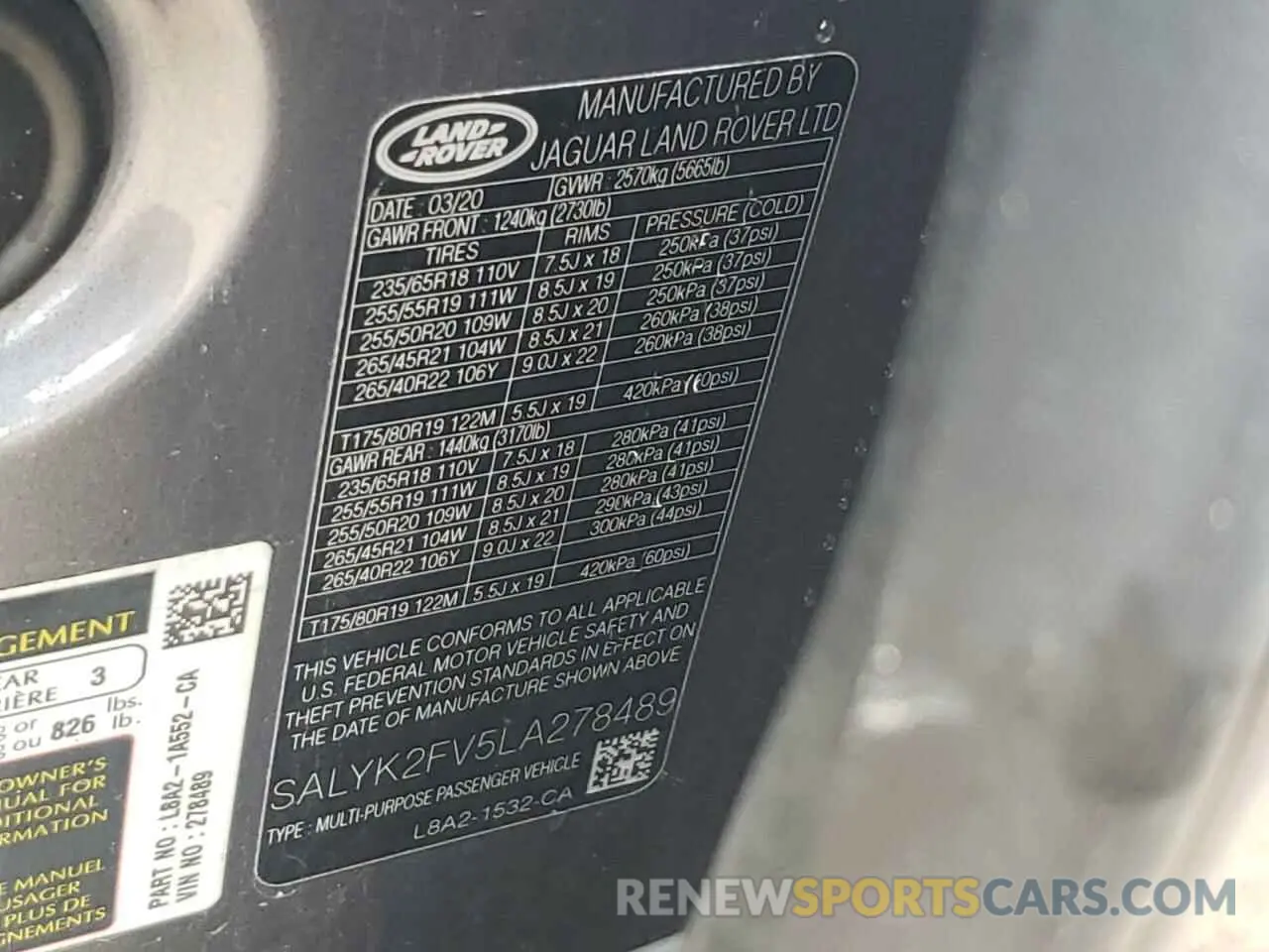 12 fotografías del automóvil dañado SALYK2FV5LA278489 LAND ROVER RANGEROVER 2020