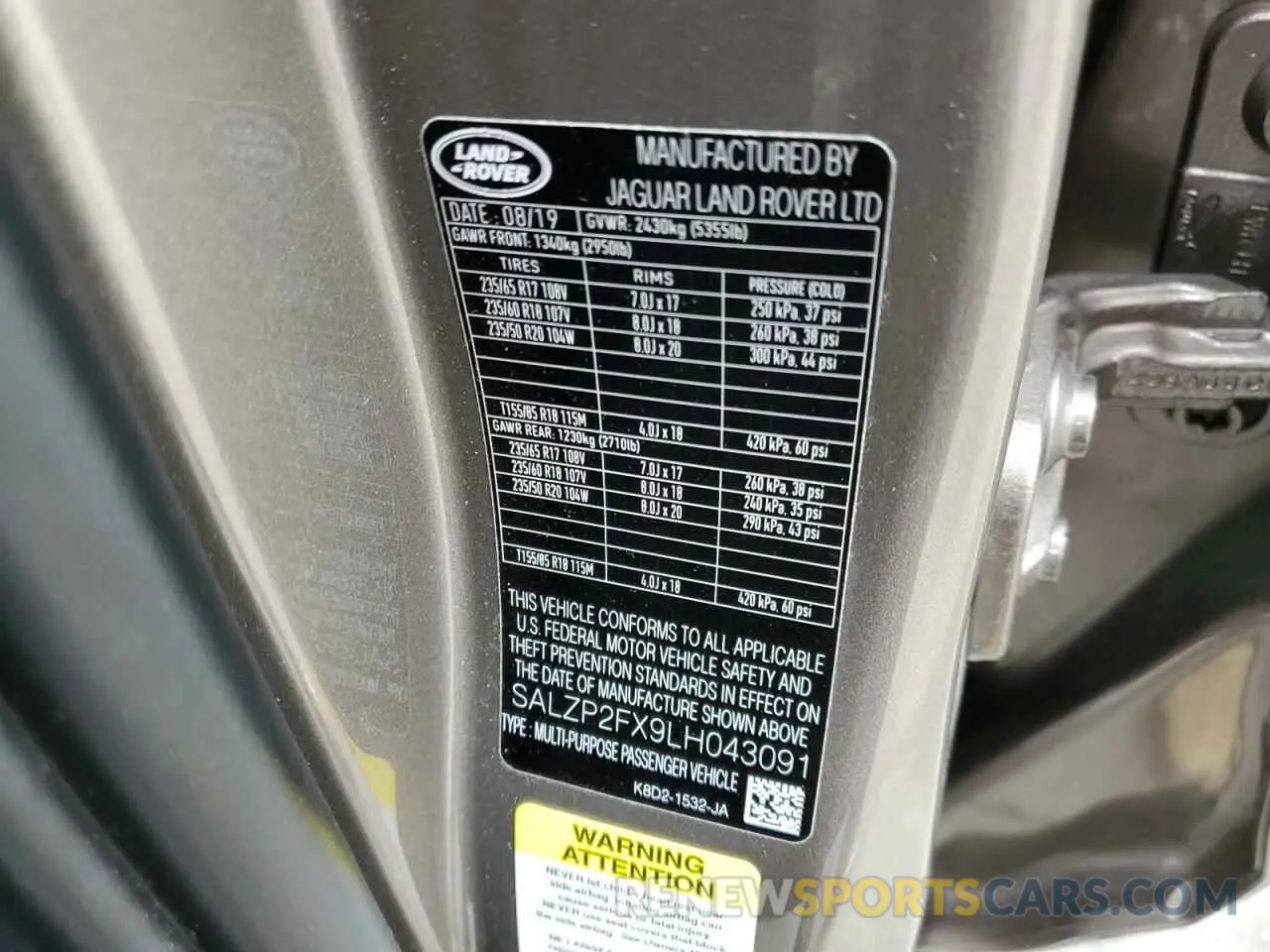 10 fotografías del automóvil dañado SALZP2FX9LH043091 LAND ROVER RANGEROVER 2020